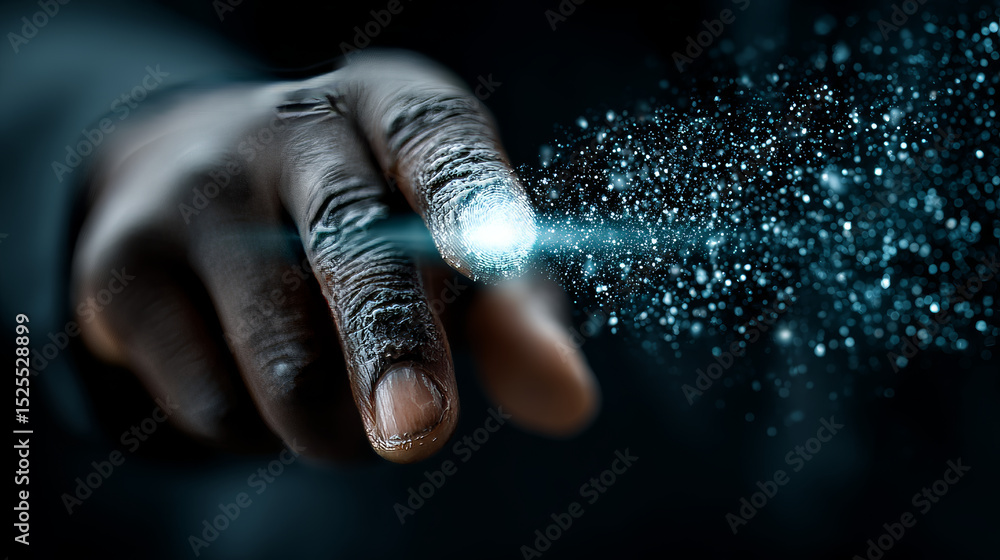Poster biometric security: businessman holding virtual interface panel of digital device on global networki