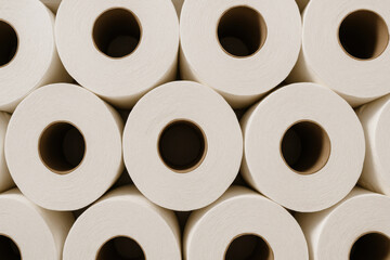 A close-up overhead shot reveals a tightly arranged stack of white toilet paper rolls, their cardboard inner cores visible. The uniform arrangement creates a clean, almost geometric pattern.