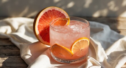 Grapefruit and orange slices in a glass of iced drink on a wooden table with cloth. Refreshing beverage, citrus, summer, drink.