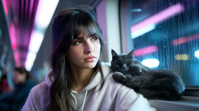 A girl in a light hoodie sits in a train with neon lighting, a black cat sleeps on the windowsill next to her, it's raining outside