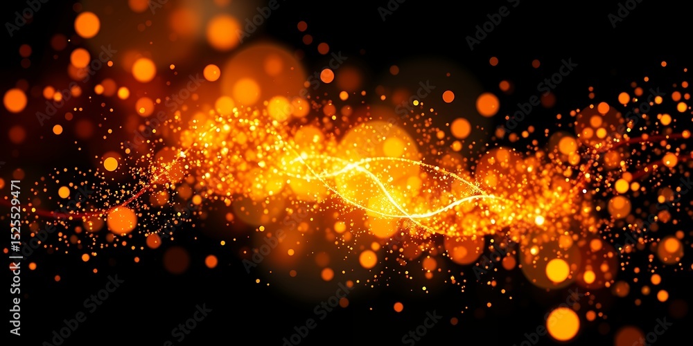 Poster a vibrant display of golden bokeh lights and sparkling particles against a dark background space