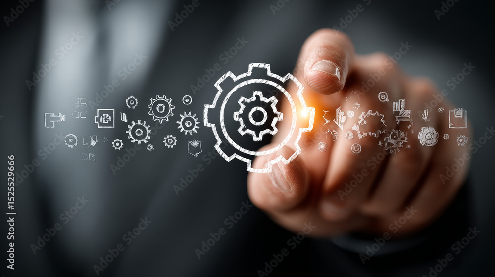 Poster erp concept: businessman touching erp on virtual interface, integration, automation, real-time data,