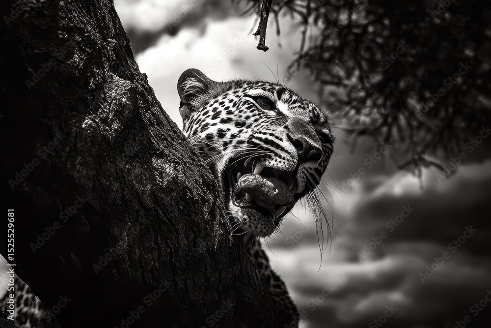 Poster leopard feasting on prey high in a tree in tsavo, kenya during daylight, a leopard eats in a tree in