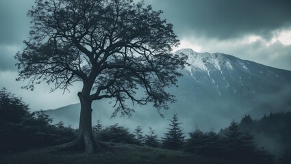 A solitary tree stands in front of a mountain range with snow-capped peaks, under a cloudy sky.