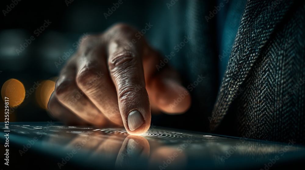 Poster biometric security, authentication, businessman uses tablet and digital networking interface on biom