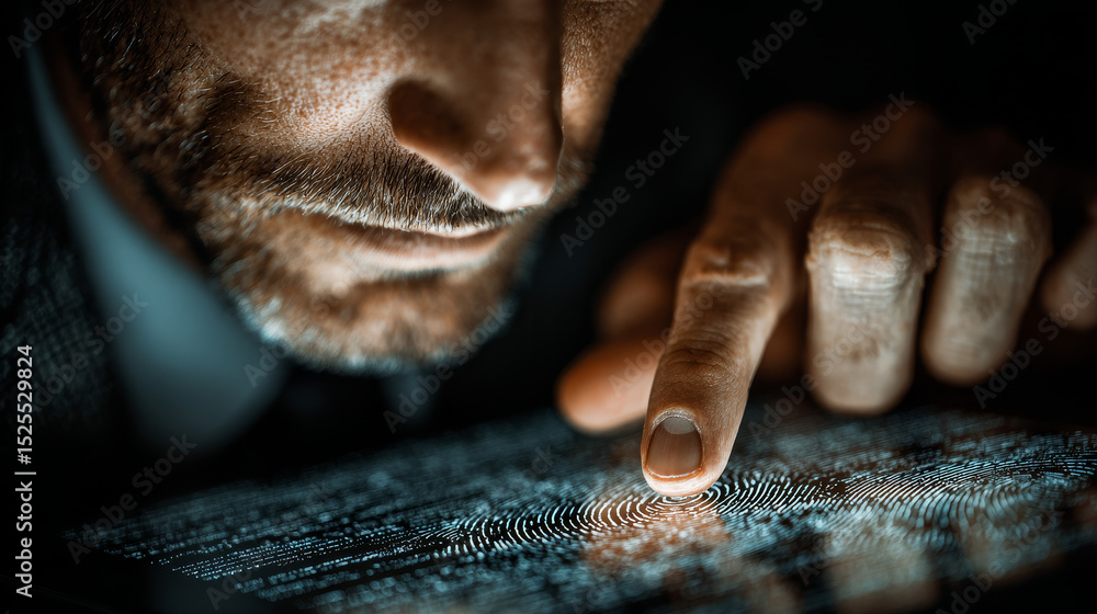 Poster biometric security, authentication, businessman uses tablet and digital networking interface on biom