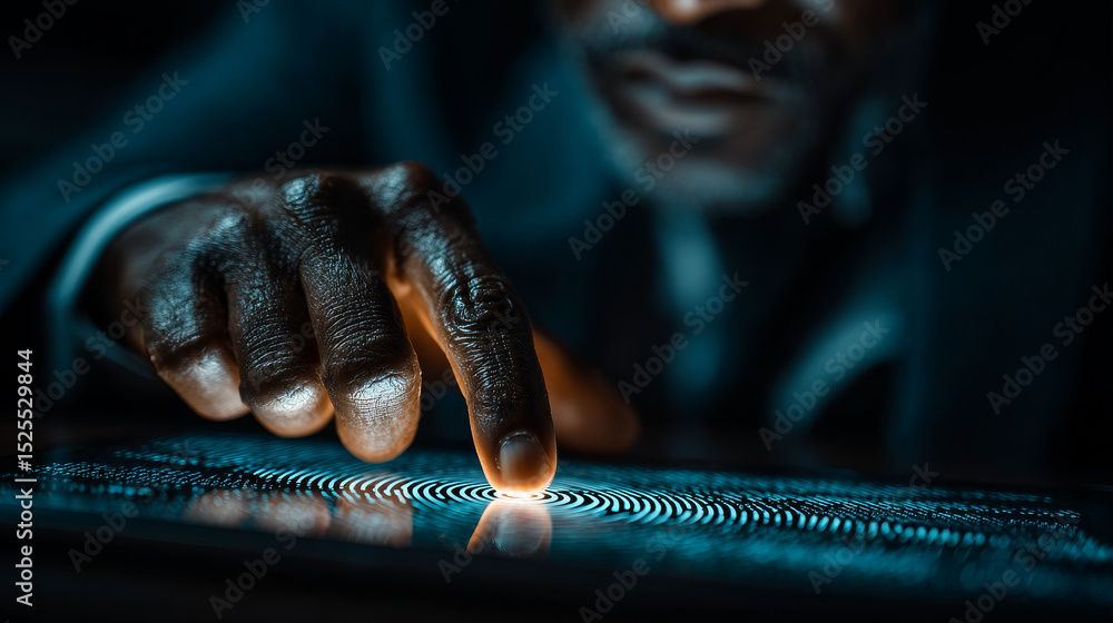 Poster biometric security, authentication, businessman uses tablet and digital networking interface on biom