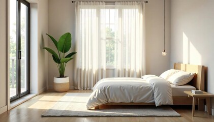 A serene bedroom with a single plant, minimalist furniture, and soft natural light streaming through a window The room is uncluttered and evokes a feeling of calm and tranquility , bed, comfort