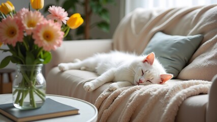 Obraz premium A fluffy white cat sleeps on a cozy blanket on a sofa next to a table with a spring bouquet of flowers . Cozy scene. Relaxing mood 