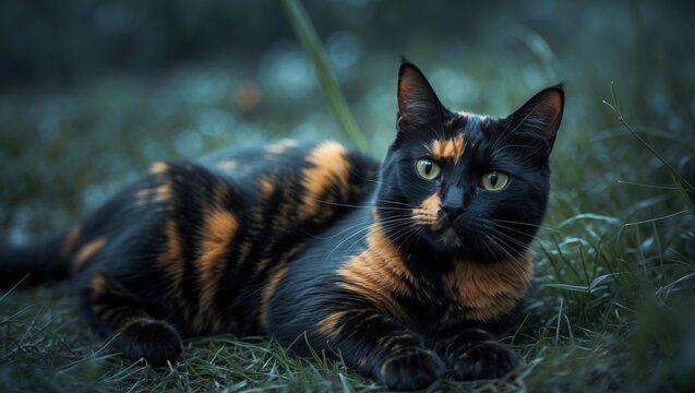 Calico cat lying on grass in a natural outdoor setting with green foliage and a blurred background.