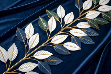 Elegant Gold Leaf Branch Decor White, Green, and Navy Blue Leaves