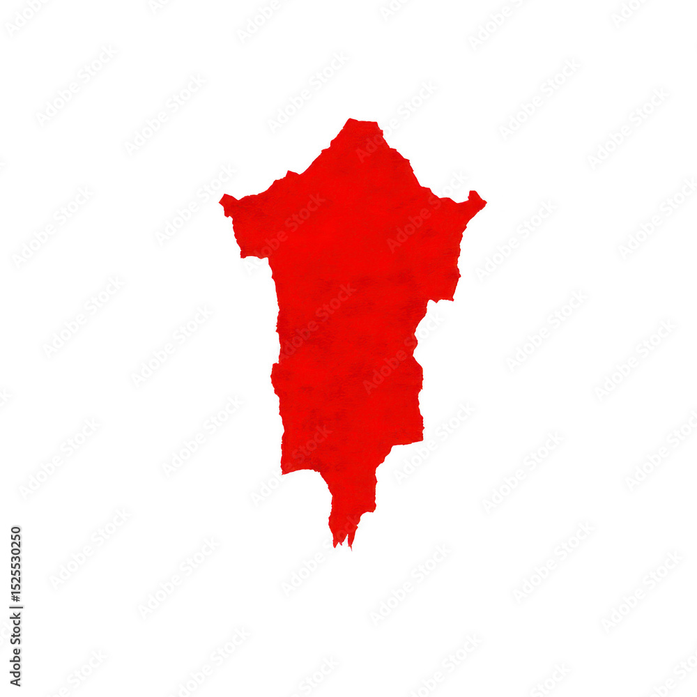 Poster red, abstract shape resembling map or silhouette stands out against transparency background, evoking