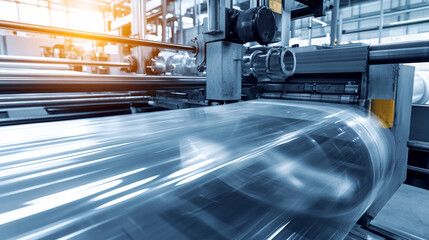 Plastic production, machine. Close-up of the roller of the plastic bag production machine. Plastic industry.