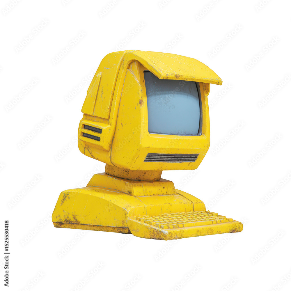 Poster vintage yellow computer with retro design and weathered appearance evokes nostalgia. old fashioned m