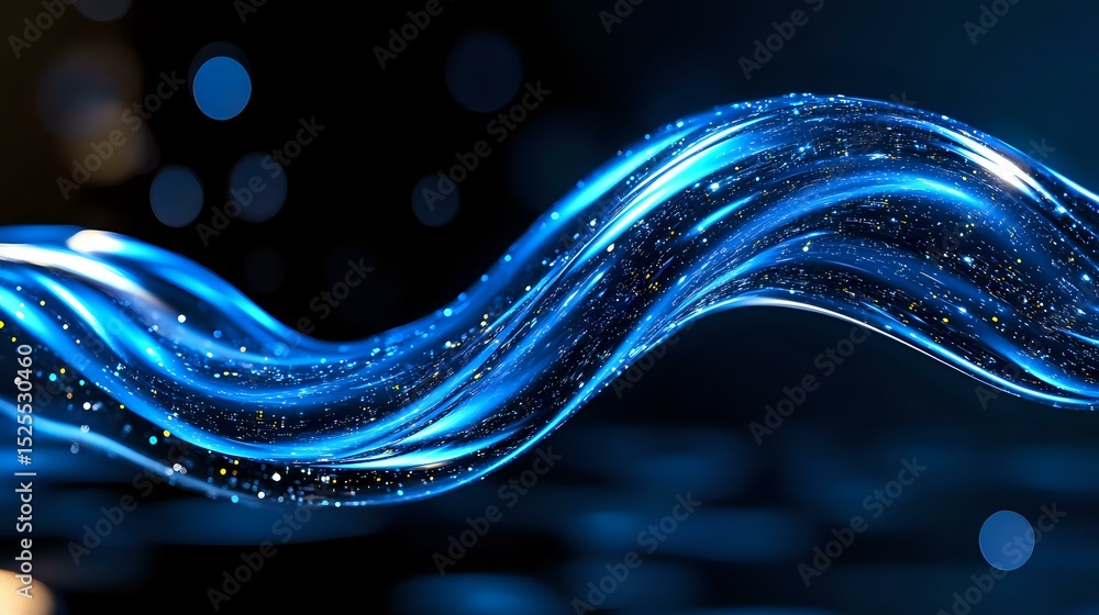 Poster glowing blue wavy lines with sparkles and light trails on dark background create dynamic motion effe