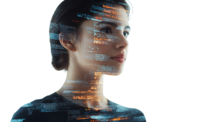 Female developer with code holograms floating around, white backdrop