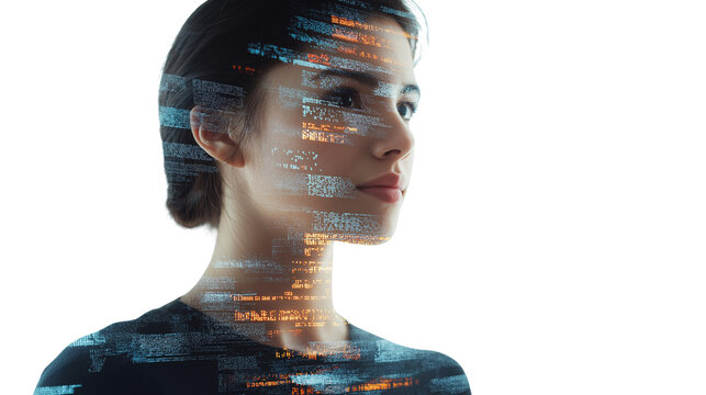 Female developer with code holograms floating around, white backdrop