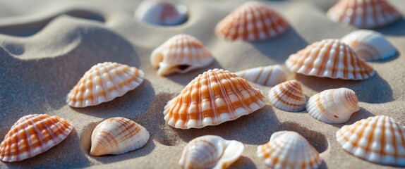 Sea shells scattered on sandy beach with sand dunes. Natural marine life, ocean, and coastal environment. The concept of beach and seaside scenery.
