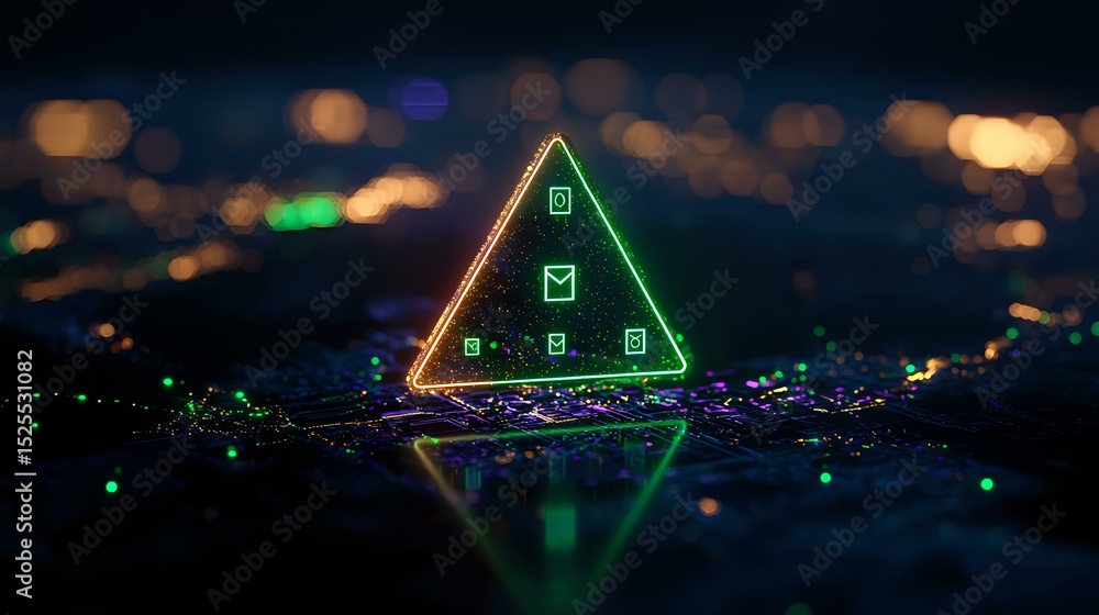 Aufkleber glowing neon triangle with digital icons floating above dark cityscape background, reflecting on glo