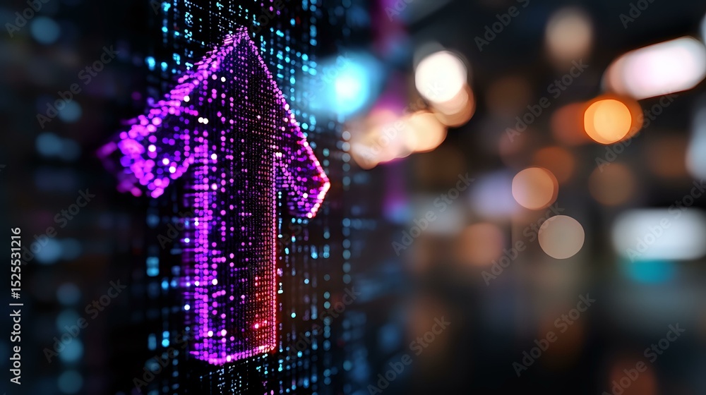 Poster glowing digital arrow points upward against matrix-style data stream background with blurred city li