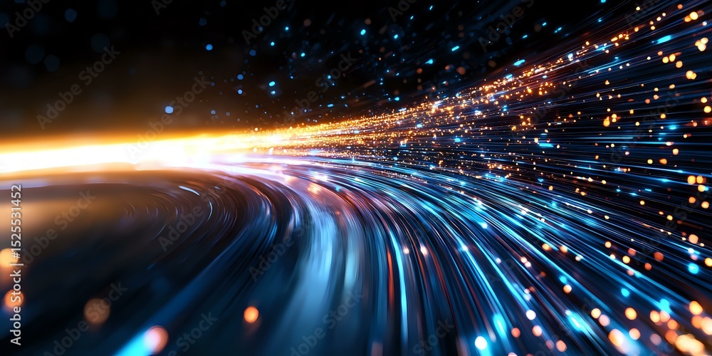 Poster dynamic light trails curve along glowing horizon with streaming particles in blue and orange colors 