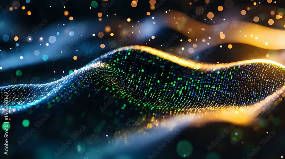 Poster glowing digital wave with particles and bokeh effects on dark background, featuring blue and gold li