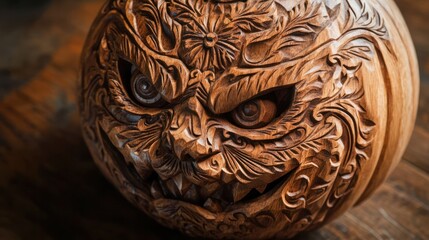 Intricately Carved Wooden Pumpkin: A Halloween Masterpiece