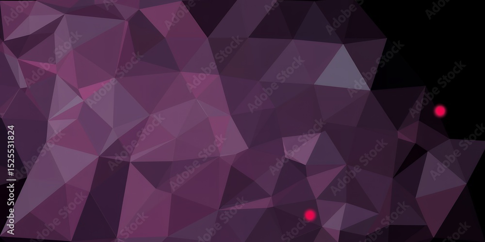 Poster abstract polygonal background with purple and gray triangles and two red dots on black space