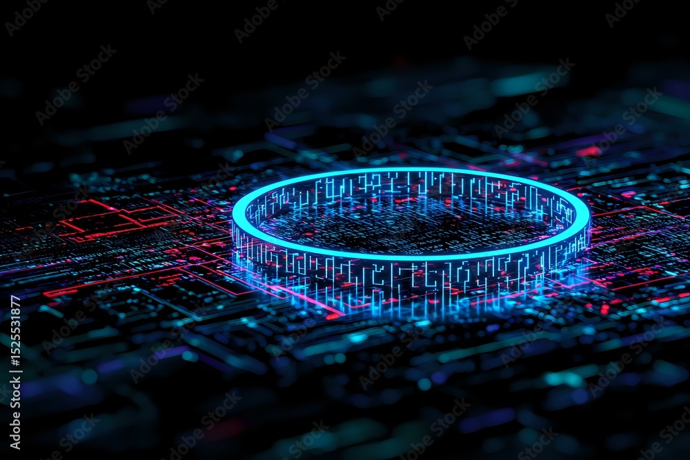 Poster glowing blue digital ring on circuit board background with binary code elements and neon lighting ef