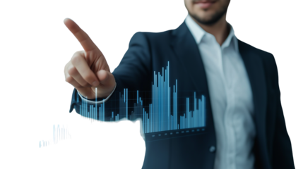 Businessman gesturing to invisible digital chart, modern smart casual, white screen background