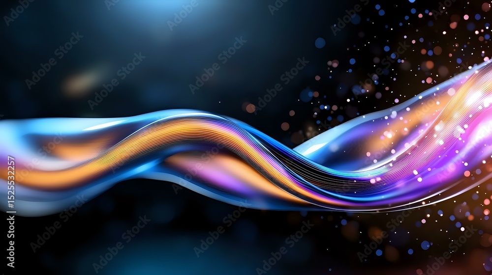 Poster glowing colorful wave with orange, blue and purple light trails on dark background, sparkles and par