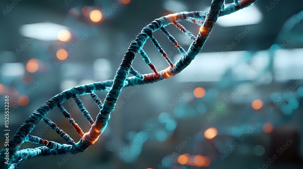 Poster glowing dna helix structure in blue and orange colors on dark background with bokeh effect shows gen