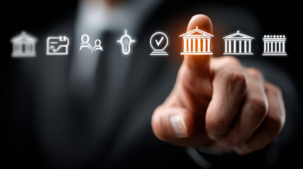 E-Governance concept: Businessman touching Governance icon on virtual interface, transparency, accountability, citizen engagement, efficiency, accessibility, innovation.