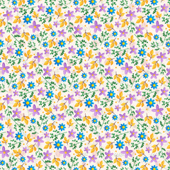 Colorful Seamless Botanical Floral Pattern with Hand-Drawn Flowers and Leaves – Ideal for Wrapping Paper, Fashion Fabrics, Wallpapers, and Stationery Design
