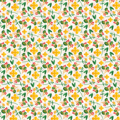 Colorful Seamless Botanical Floral Pattern with Hand-Drawn Flowers and Leaves – Ideal for Wrapping Paper, Fashion Fabrics, Wallpapers, and Stationery Design