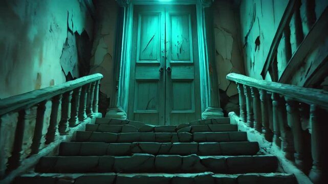 A crumbling, dimly lit stairway with worn, rusty railings and cracked stone steps ascends to a mysterious, worn wooden door with peeling paint and rusty hinges created with generative ai