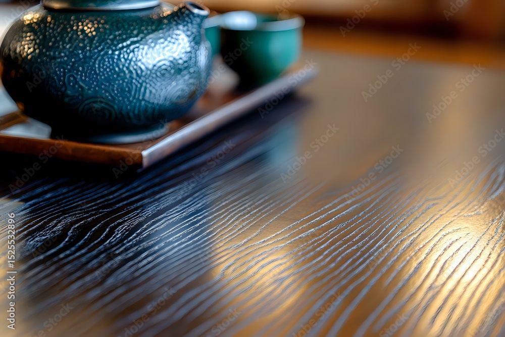 Poster textured wooden table surface with blurred traditional teapot in background creates atmospheric comp