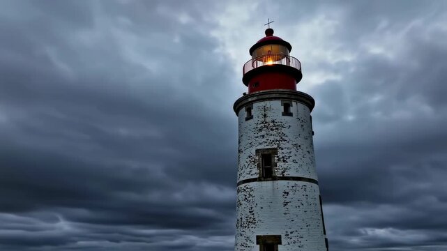Dramatic lighthouse beacon illuminating stormy skies with dynamic cloud movement