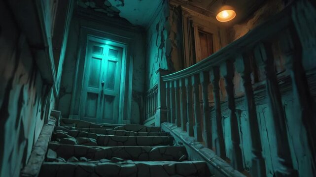 A crumbling, dimly lit stairway with worn, rusty railings and cracked stone steps ascends to a mysterious, worn wooden door with peeling paint and rusty hinges created with generative ai