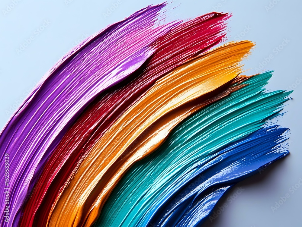 Poster vibrant rainbow-colored paper sheets arranged in curved layers creating dynamic abstract composition