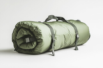 Green sleeping bag rolled up in a bag with straps to carry. Rolled khaki inflatable camping bed isolated on white. Sports, Recreations, Objects.