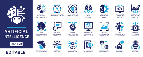 Artificial Intelligence Icon Set – Editable flat vector icons representing AI, machine learning, neural networks, robotics, automation, and data science. Ideal for web, app,  