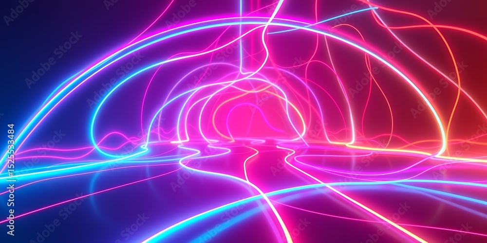Poster a vibrant display of neon lights creating a futuristic tunnel with a glowing pink backdrop scene