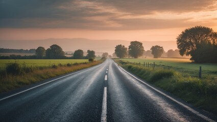 Obraz premium Empty road stretching into the distance during sunset or sunrise with trees and fields alongside.