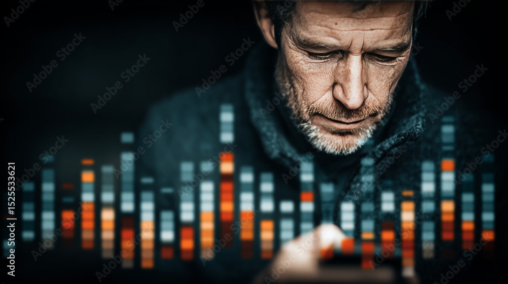 Poster bi concept: businessman pointing to business intelligence icon and data for global bi network on gra