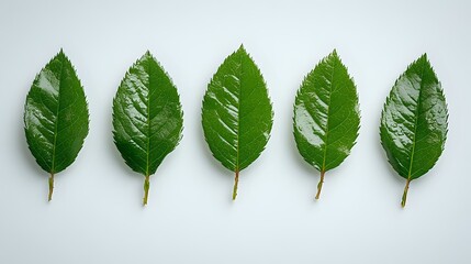 Fresh green rose leaves arranged in row on light gray background. Isolated botanical elements for natural design, gardening concepts and eco-friendly projects.