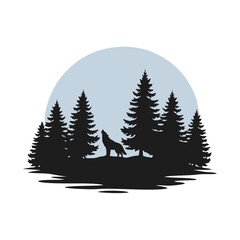 Obraz premium Silhouette of Wolf in christmas tree during night vector illustration