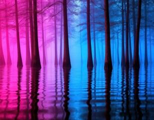 Tranquil flooded forest with tree trunks mirrored in glowing neon water.