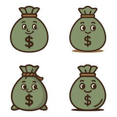 Four Cartoon Money Bags with Smiling Faces. Vector Icons for Finance and Wealth