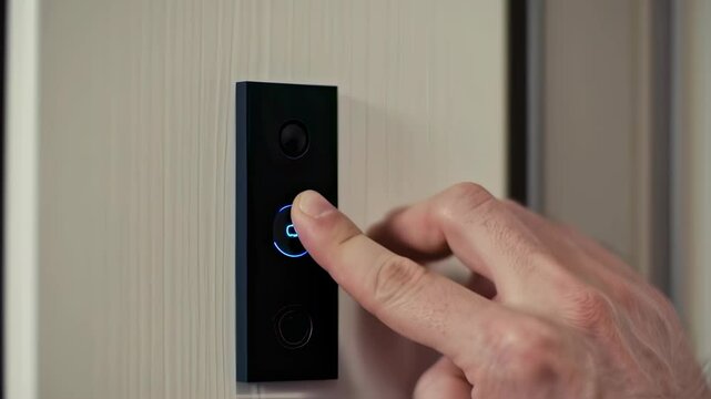 Hand presses modern smart doorbell button for home security